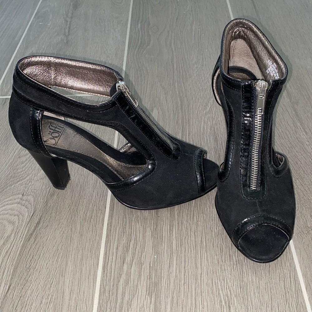 Black Open Side Zip Up Suede Heels
